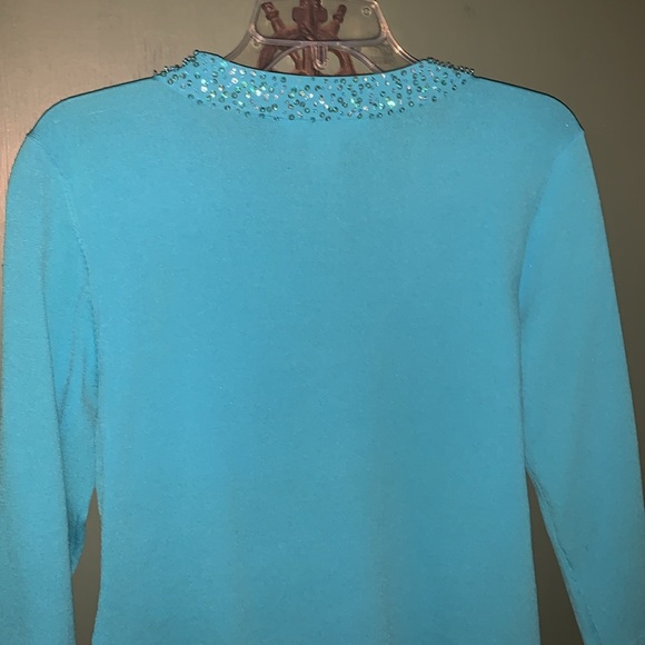 Sky blue top with 3/4 sleeves and sequined v-neck and sequins on back of collar - Picture 4 of 4
